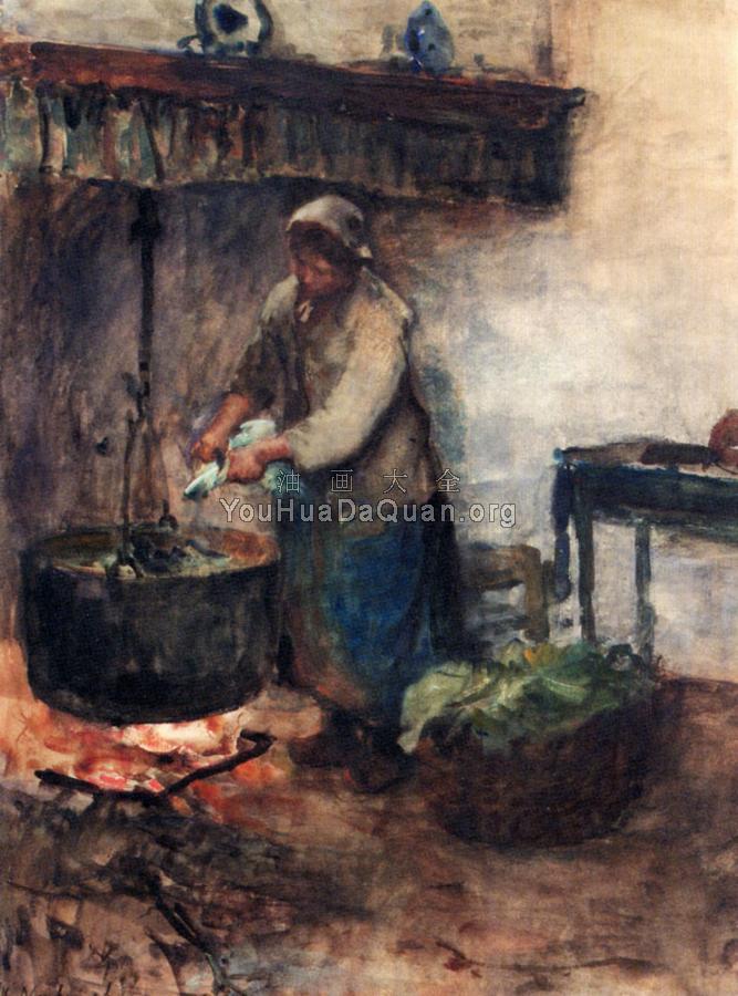 A cottage Interior With A Peasant Woman Preparing Supper - 艾伯特·纳赫伊斯